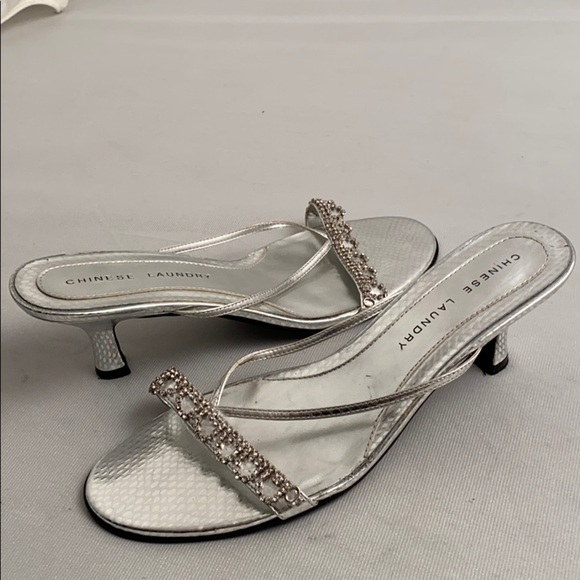 Chinese Laundry metallic silver rhinestone embellished heels